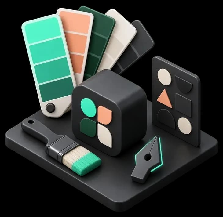 Isometric brand kit with color swatches, a logo cube, and design tools