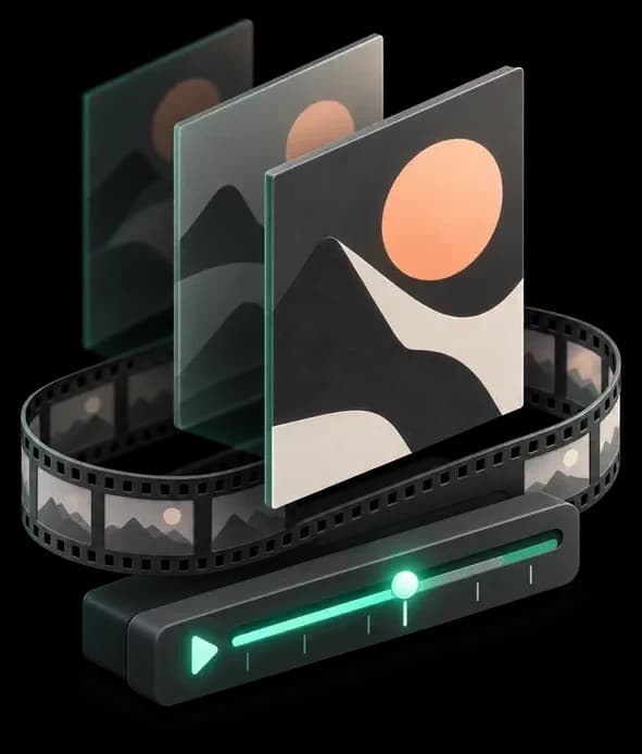 Isometric stack of poster layers with motion trails above a film strip and timeline
