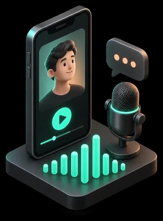 Isometric smartphone with a video portrait, a microphone, and rising sound-wave pillars
