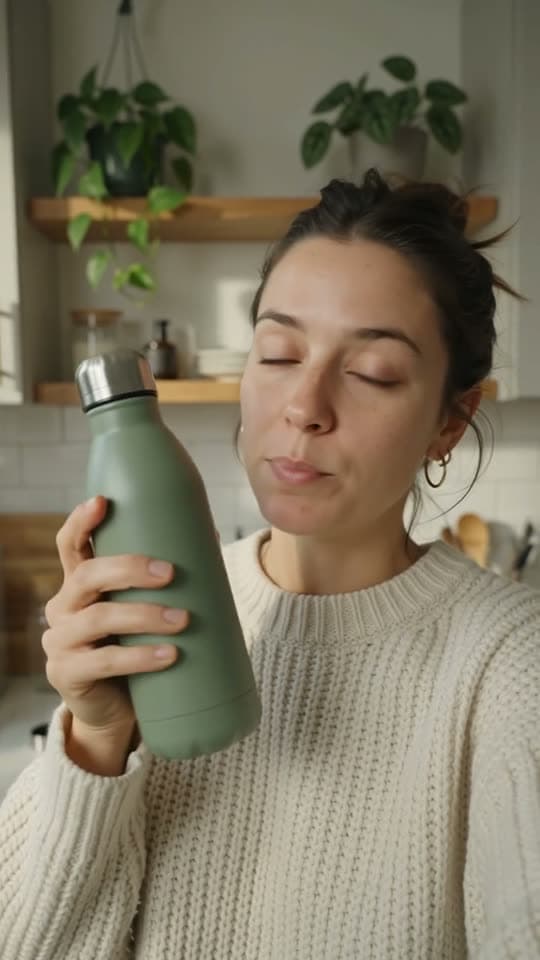 Creator holding a sage water bottle in a bright kitchen